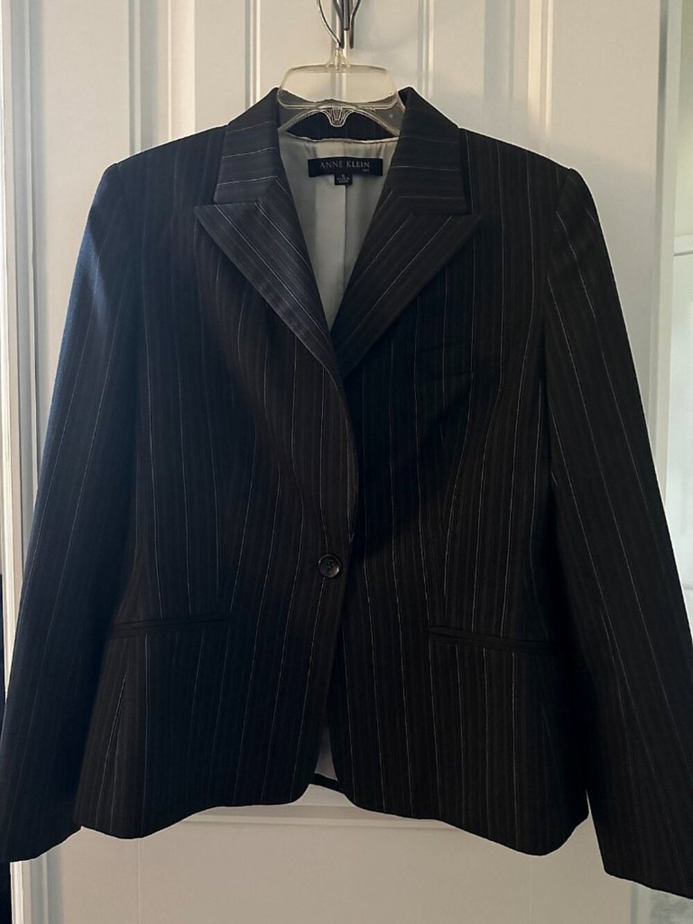 Anne Klein Single-Button Blazer Suit Jacket, Dark Grey with White Pinstripe
